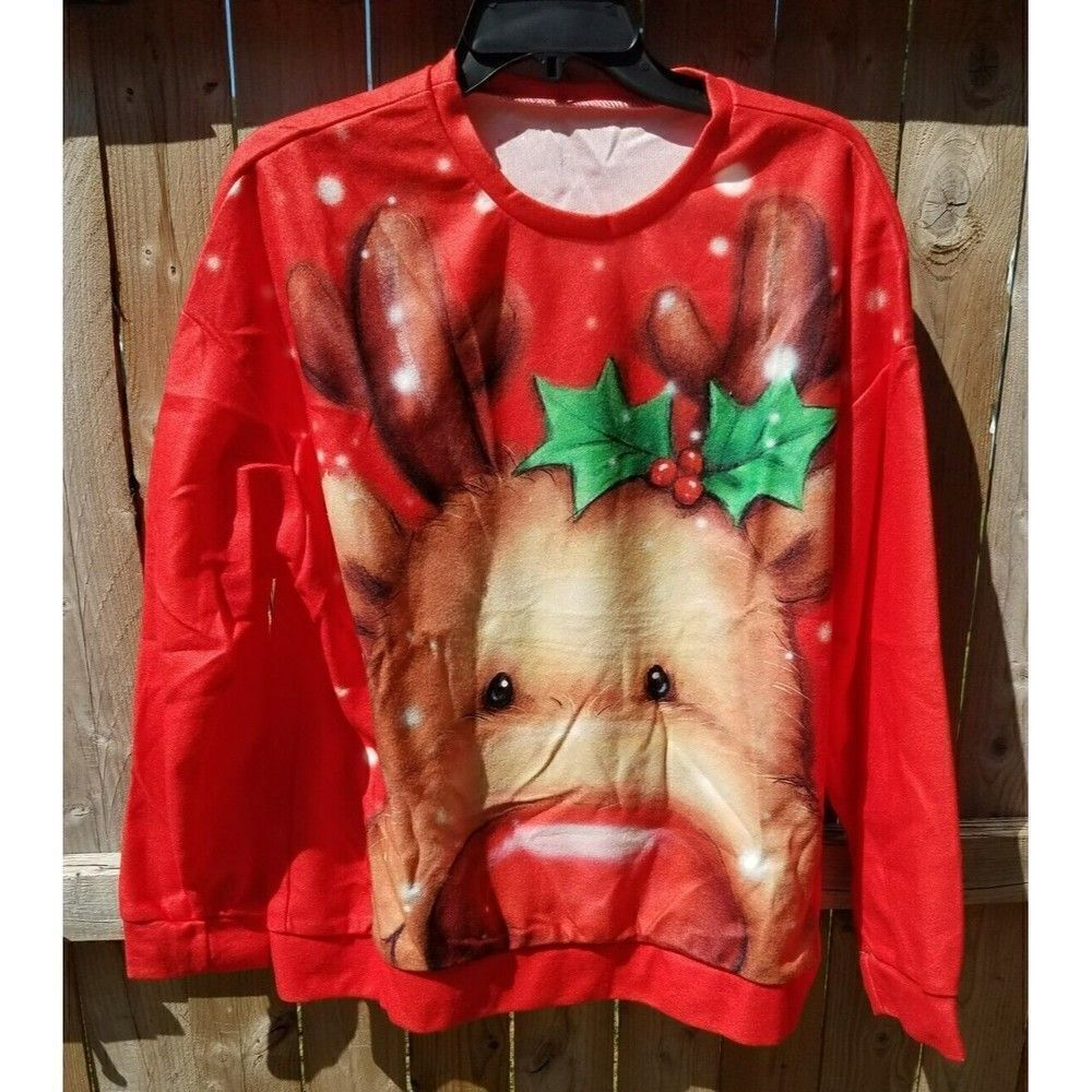 2X Ugly Sweater Sweatshirt Red Christmas Winter Reindeer Red